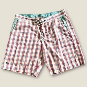 Lacoste Swimming Trunks Board Shorts Men Sz 8 Checkered Print‎ Pink Crocodile ✅